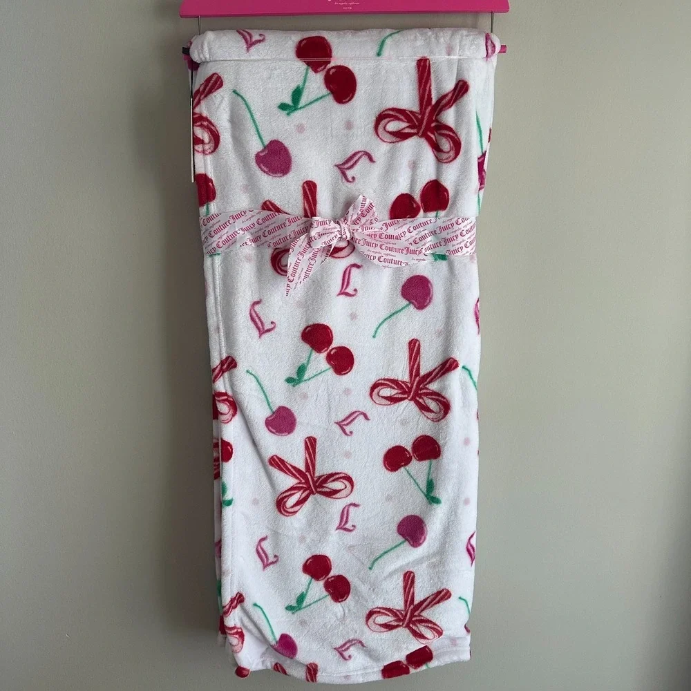 New Juicy Couture Christmas Pink Cherry Candy Cane Mint Red Bows Blanket 60x70